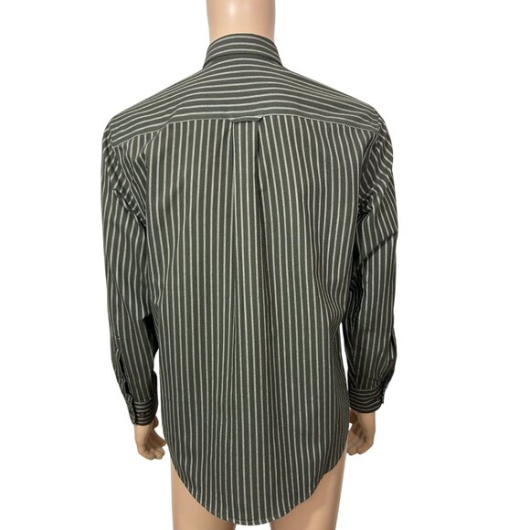 St. John’s Bay Men’s Button Down Shirt M Olive Green & Grey Stripes Long Sleeve - Picture 2 of 10